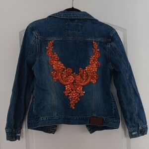 Embroidered Denim Jacket - Blue and Orange